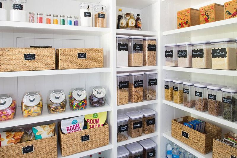 Organized small expat home pantry with labeled containers and woven baskets maximising storage space