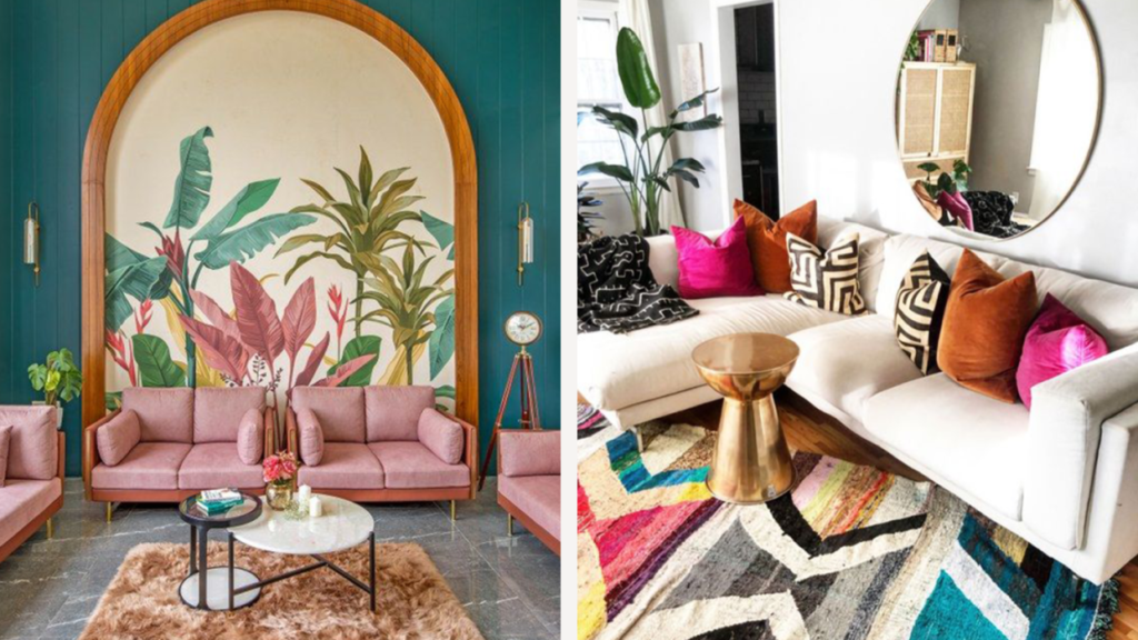 Colorful and stylish small expat home living room with vibrant decor, maximising space with creative design.