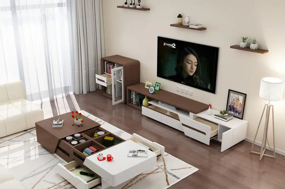 Modern small expat home living room with multifunctional furniture maximising storage and space